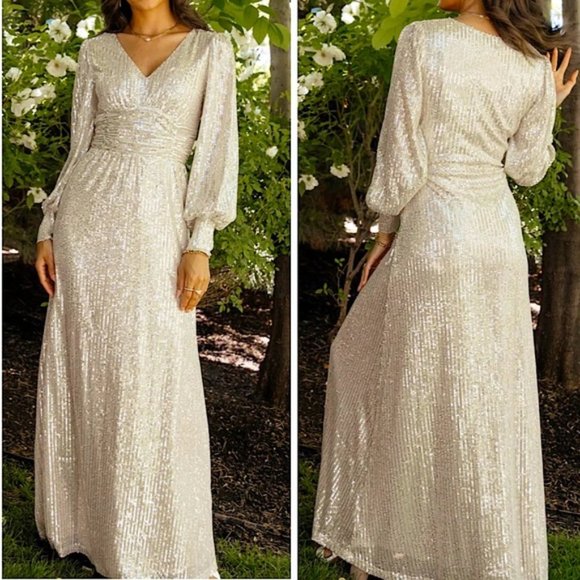 SIlver Sequin Long Sleeve Formal Maxi Dress - Picture 4 of 5